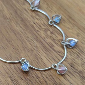 Cats Eye Beads in Heart Cages Silver Tone Necklace